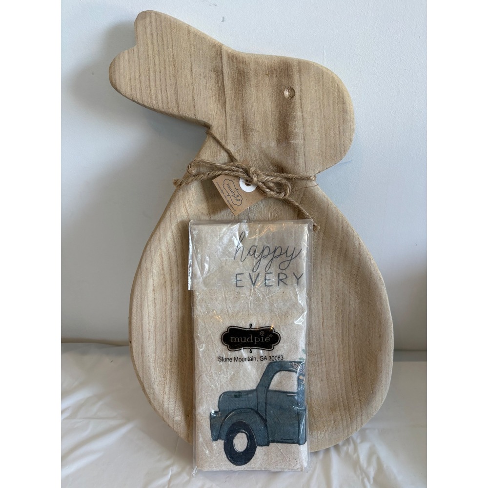 Mud Pie Bunny Wood Serving Board and Towel Set Easter Spring Cottagecore NWT